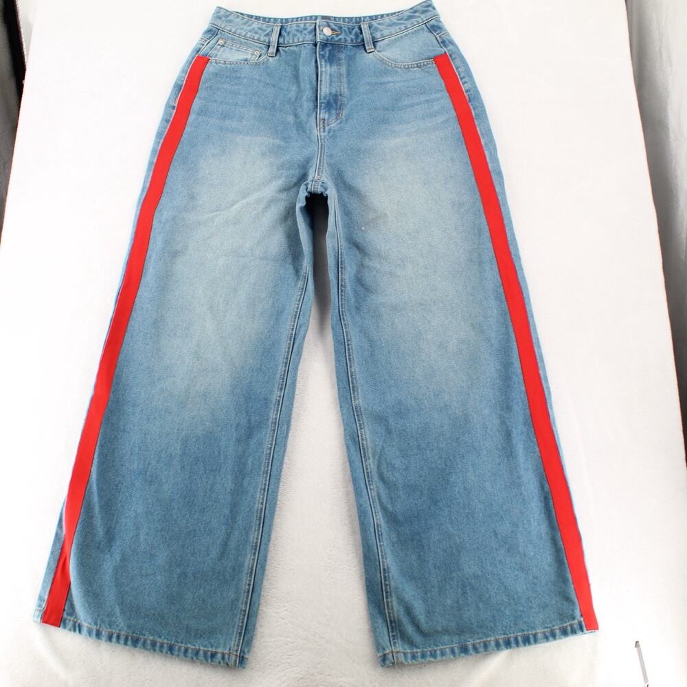 Commense Wide Leg Jeans Womens Large Blue Denim Red Side Stripe High Rise